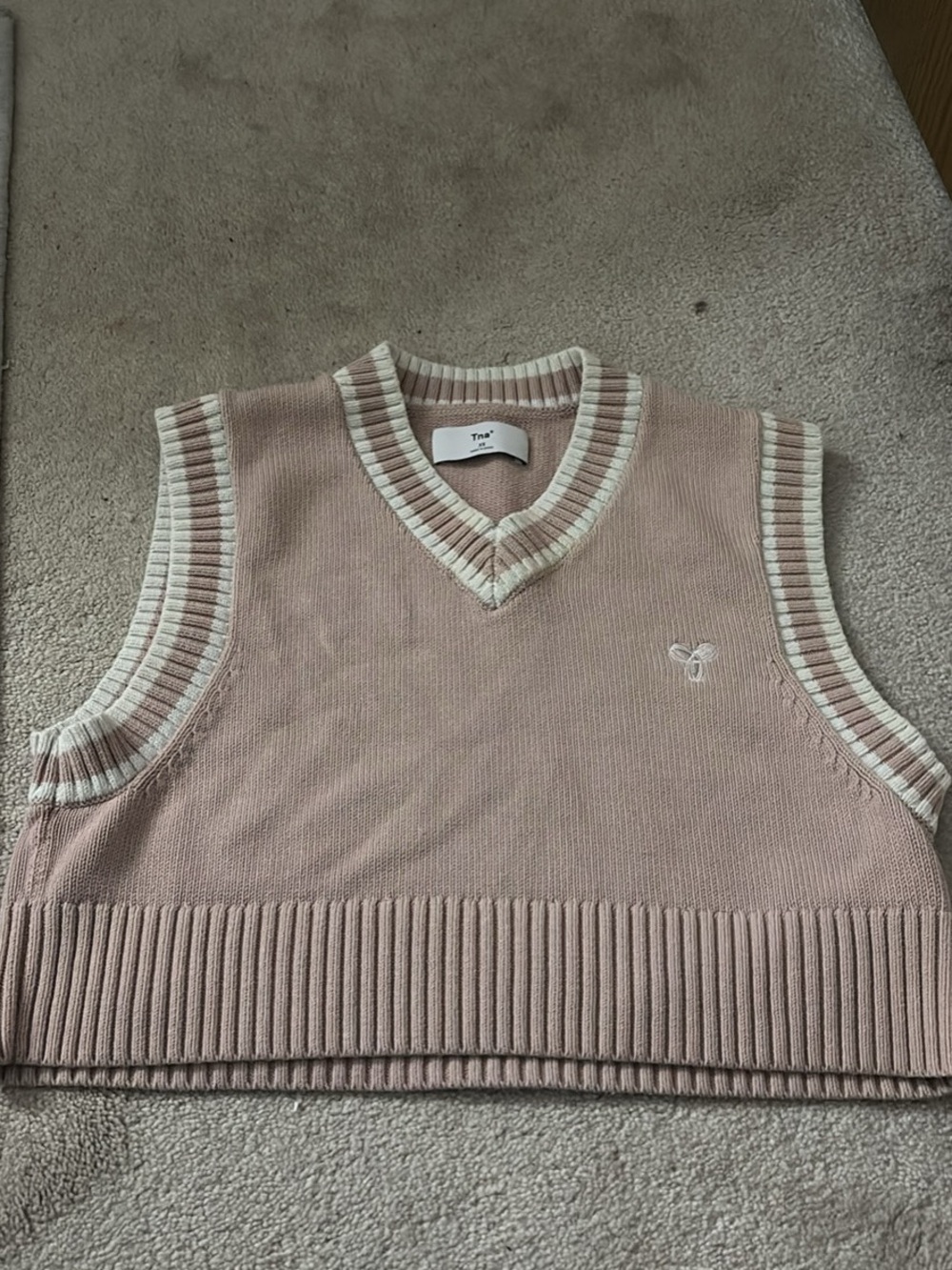 TNA Blush Pink Knit V-Neck Sweater Vest with Cream Trim